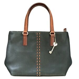 VINTAGE Black Fossil Leather Satchel Brown Top‎ Handle Key Charm Designer Purse